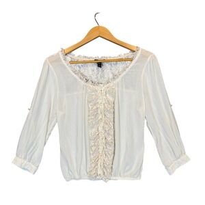 Fang Lace Ruffle Blouse Womens Medium Ivory White Gauzy Boho Coquette Top
